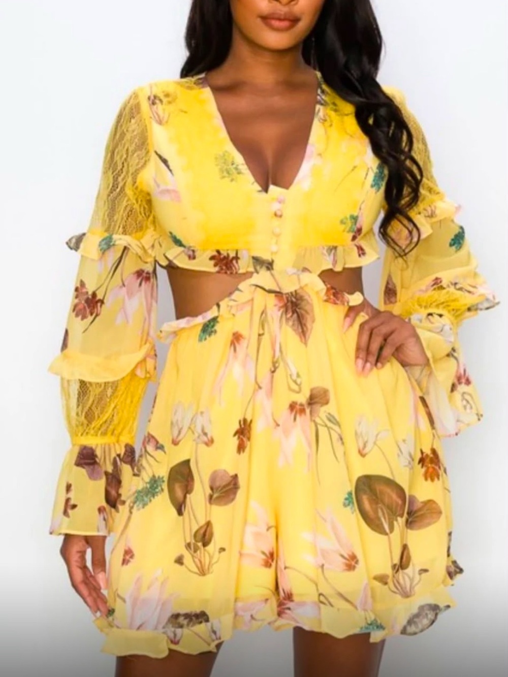 Yellow Floral Ruffle Mini Dress with Tie Waist